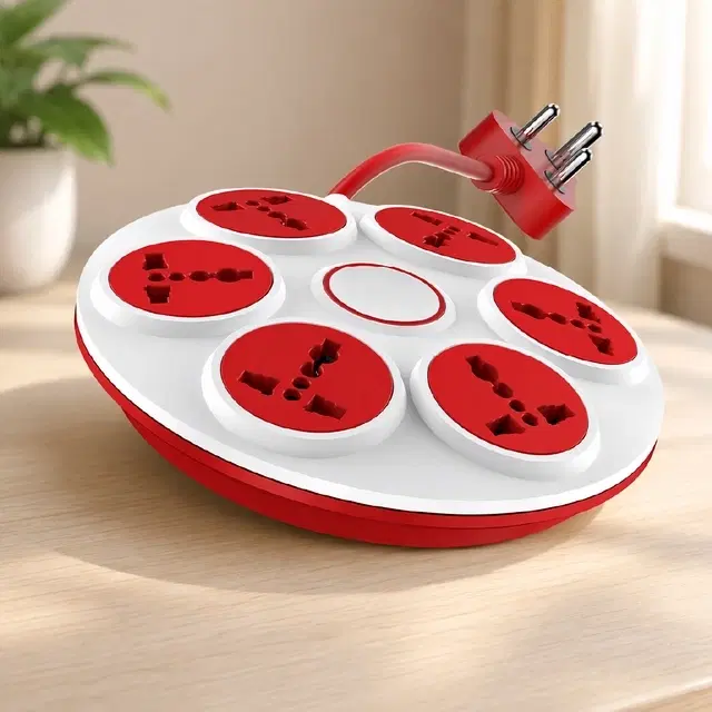 SimpleHome 6-In-1 360° Rotatable Extension Board With 2 Meter Cable, White & Red