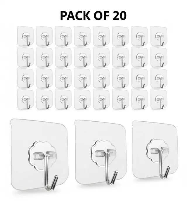 Plastic Wall Hooks, Transparent (Pack of 20)