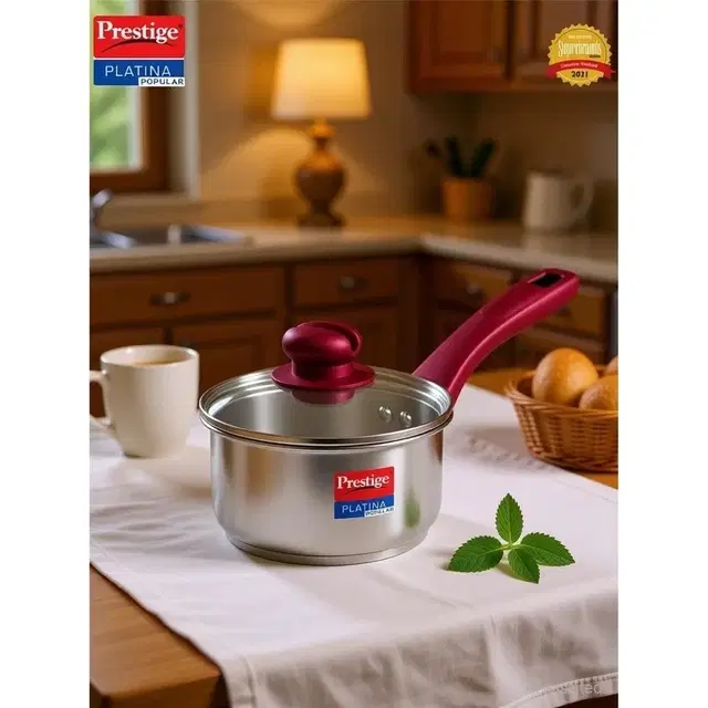 Prestige Platina Popular Stainless Steel Gas And Induction Compatible Sauce Pan With Glass Lid, 140 Mm
