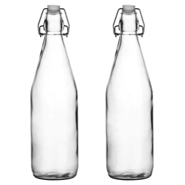Flip Top Glass Water Bottle - 1 Liter Swing Top Water Bottle With Stopper For Beverages Clear Glass, Pack Of 2, S-40