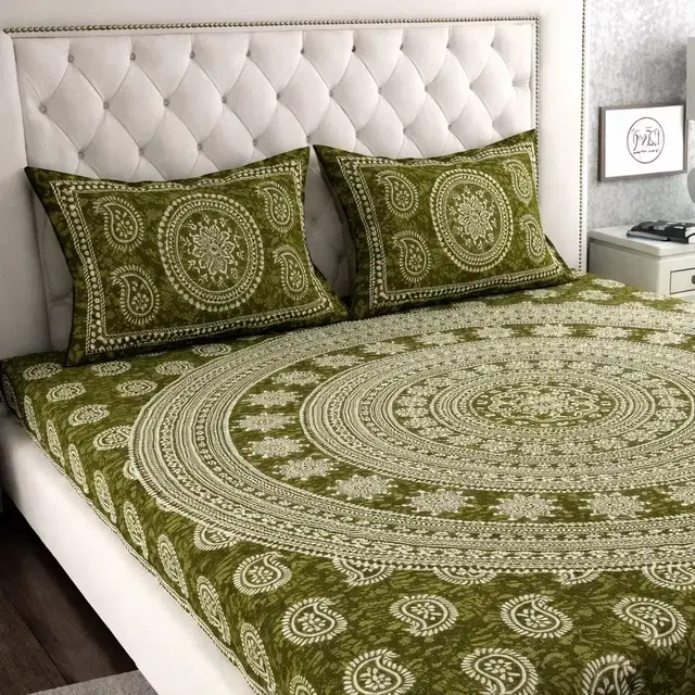 Jaipuri Cotton Double Bedsheet with 2 Pillow Covers | 80x90 Inch | Paisley mandala Green | Traditional Rajasthani Print