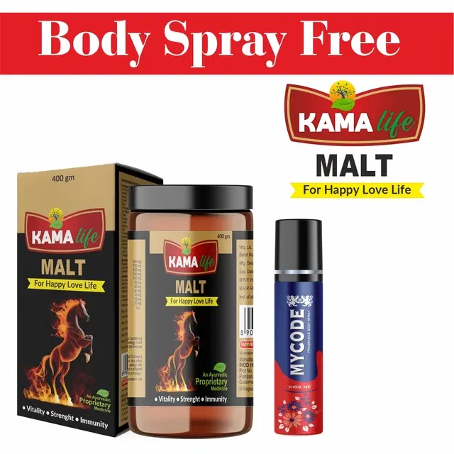 Ayurvedic Kama Life Malt Good Health Powder, 400 g with Free Mycode Kiss Me Body Spray Deodorant, 150 ml, Set of 2