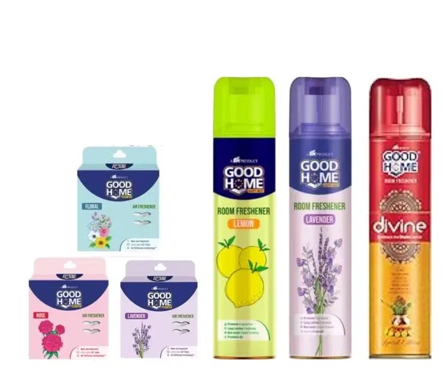 Combo of Goodhome Divine, Lemon & Lavender Room Freshener, 130 g, Pack of 3 with 3 Pcs Free Hanging Sachet, Set of 6