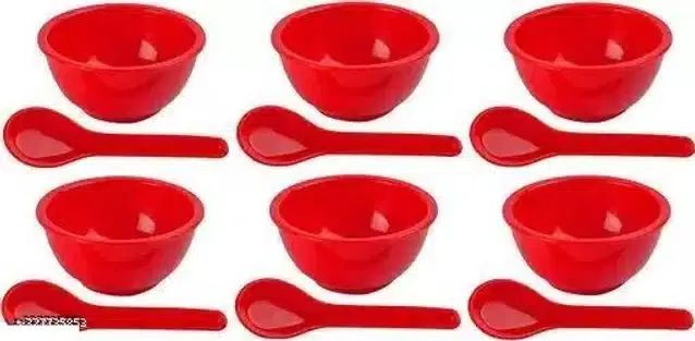 Plastic 6 Pcs Bowls, 250 ml with 6 Pcs Spoons, Red, Set of 2