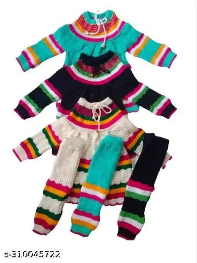 Woolen Sweater & Pant for Girls, Set of 3 (Multicolor, 9-12 Months)