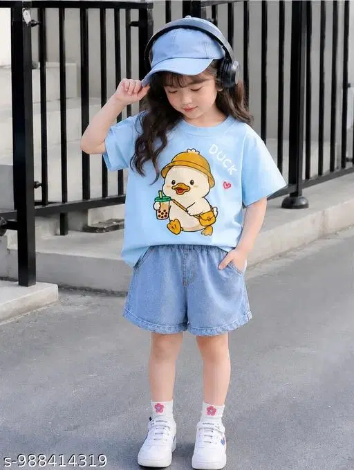 Duck Print T-Shirt with Shorts Set for Boys, Pack of 2 (Aqua Blue, 4-5 Years)