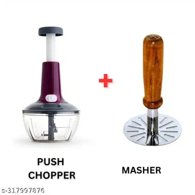 Plastic Manual Vegetables Chopper, 650 ml with Masher, Multicolor, Set of 2