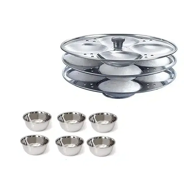 Stainless Steel 6 Chatni Katori & Idli Making Stand of 3 Plates, Combo of 2