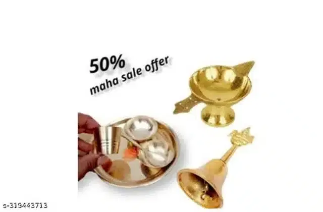 Brass 5 Pcs Bhog Plate Set  with Diya & Pooja Bell, Golden, Set of 3