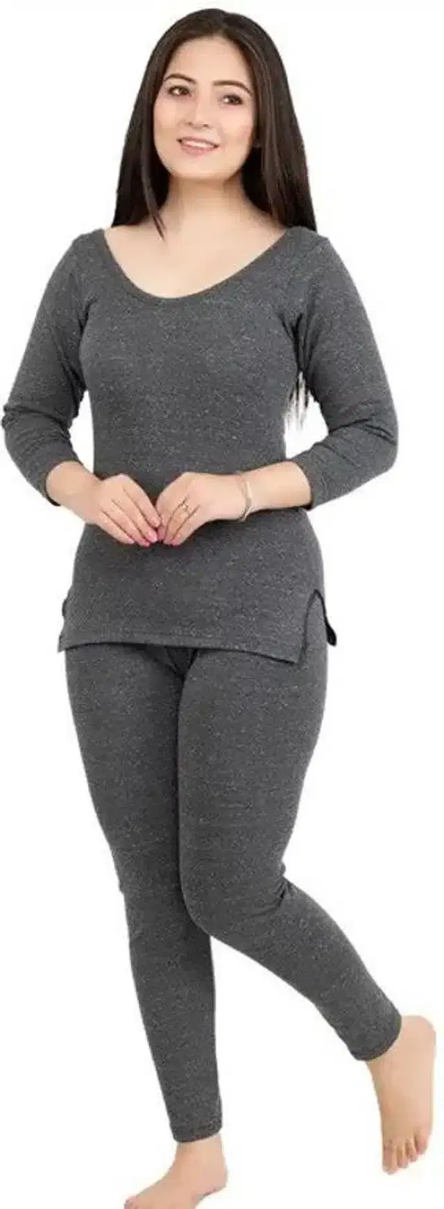 Polycotton Solid Thermal Set for Women (Grey, S)