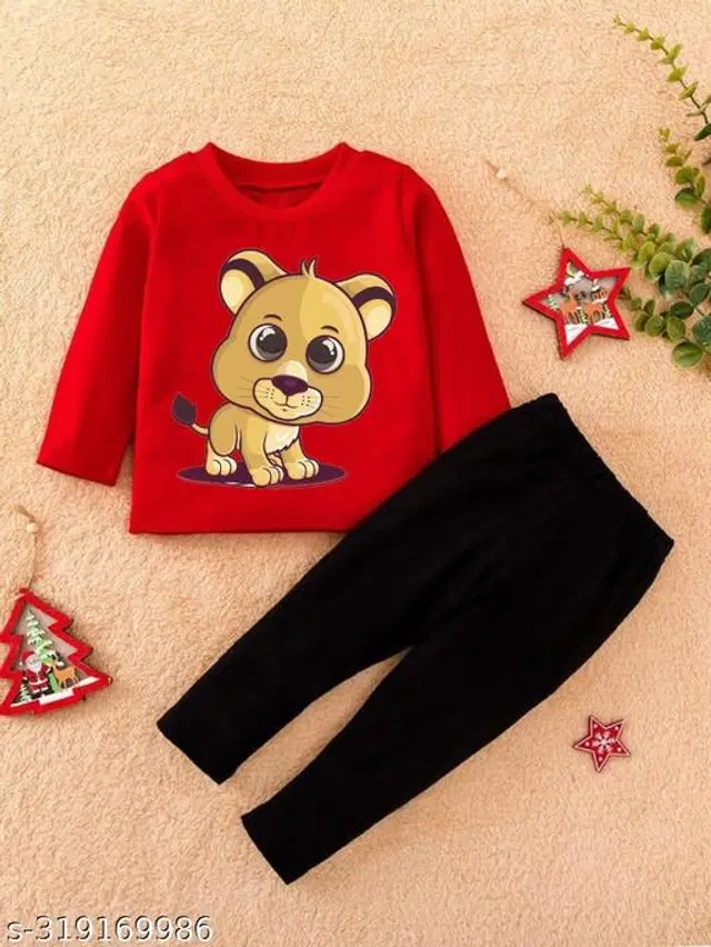 Cotton Printed Clothing Set for Kids (Red & Black, 0-3 Months)