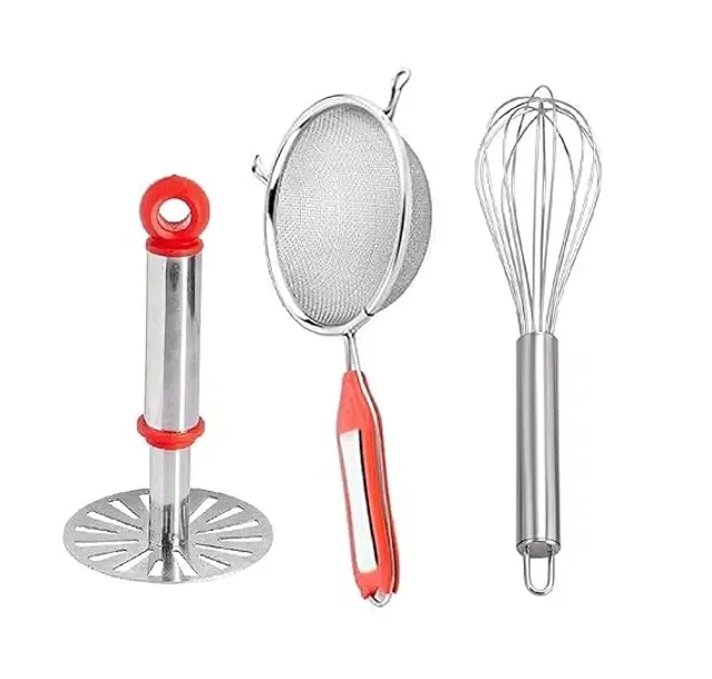 Stainless Steel Milk & Tea Strainer with Potato Masher & Balloon Whisk for Kitchen, Multicolor, Set of 3