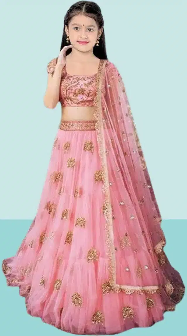 Net Embroidered Semi Stitched Lehenga for Girls (Pink, 3-4 Years)