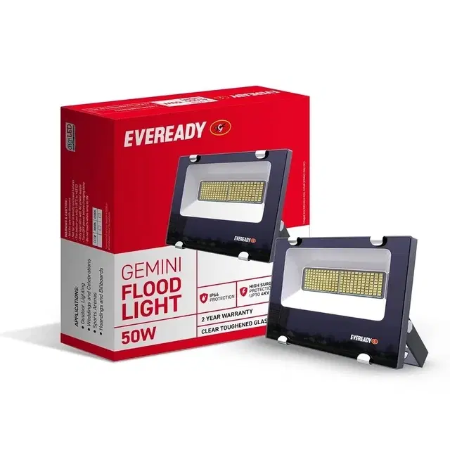 Eveready Gemini LED Flood Light X50 Polycarbonate | 50 Watt | 65k | Matte Finish | Aluminium Die Cast for Better Heat Dissipation | IP66 | Surge Protection Upto 6KV | Cool White