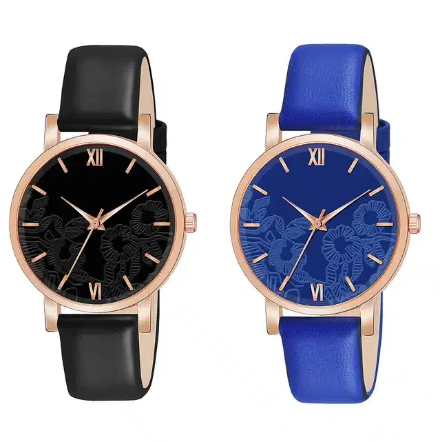 Designer Leather Analog Watch for Women & Girls, Pack of 2 (Black & Blue)