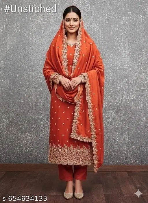 Silk Embroidered Unstitched Suits for Women (Orange, Unstitched)