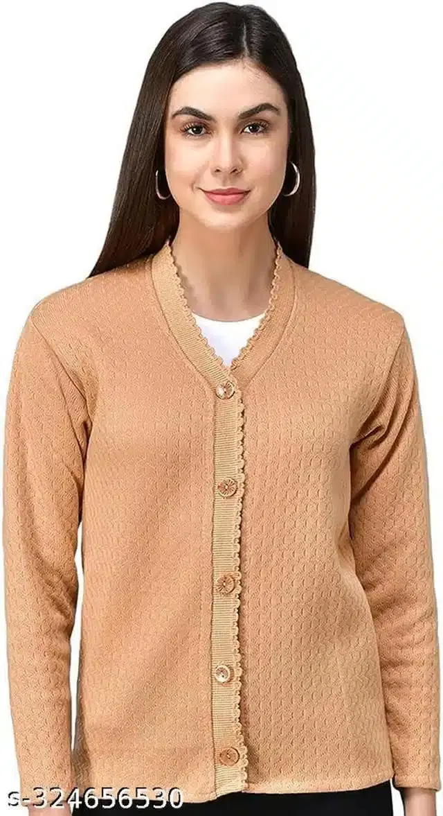 Woolen Solid Full Sleeves Sweater for Women (Beige, Free Size)