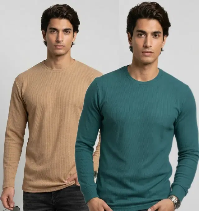 Polyester T-shirt for Men, Beige & Teal, Pack of 2 (M)