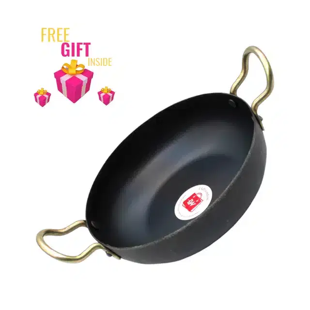 LAZYwindow Iron Deep Bottom Kadai with Free Gift, Black, Pack of 2