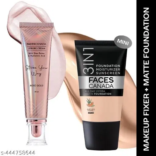 Faces Canada Rose Glow Kit | Rose Gold Strobe Cream (30 ml) + Warm Natural All Day Hydra Matte Mini Foundation (18 ml) | Makeup Kit For Women (Combo Pack Of 2)