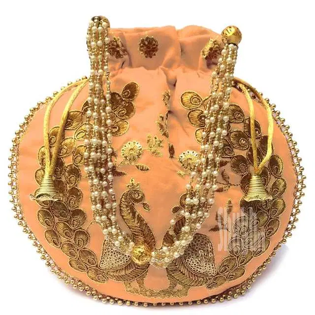 Cotton Silk Ethnic & Traditional Handheld Potli for Women, Peach, A-47