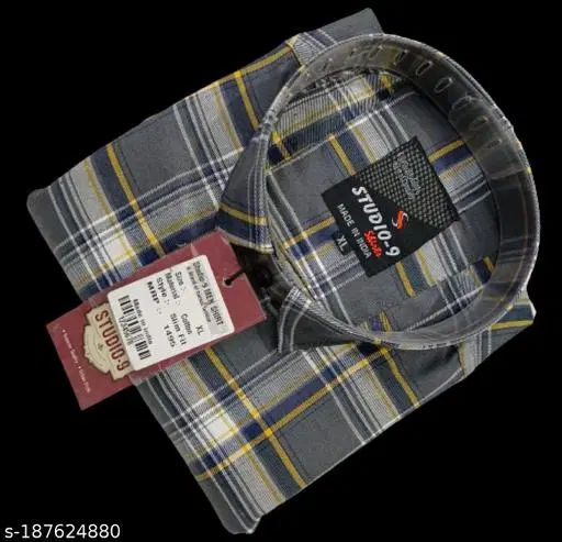 Cotton Blend Checked Shirt for Men, Grey (L) Pack of 1