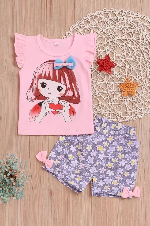 Cotton Blend Printed Clothings Set for Girls,, Pink (18-24 Months)