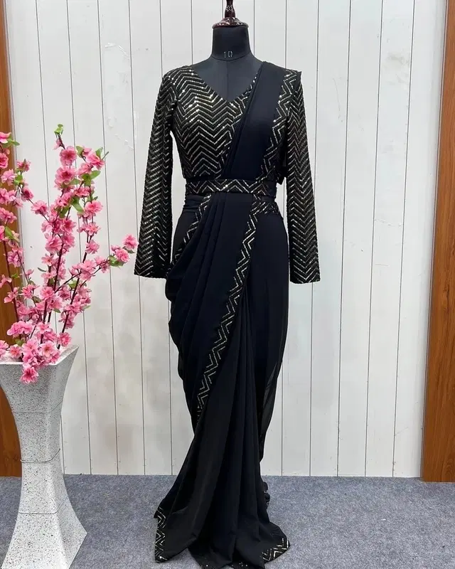 Georgette Solid Saree for Women, Black (6.3 m)