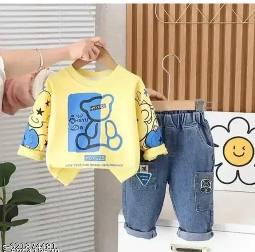 Hosiery Cotton & Denim Printed Clothing Set for Kids, Yellow & Blue (9-12 Months)