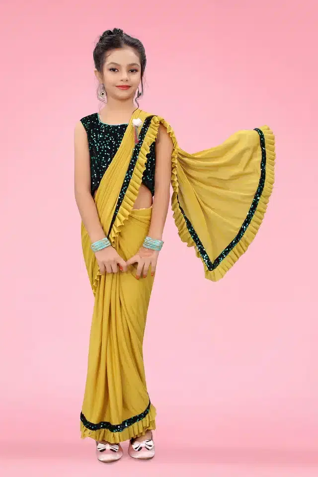 Ready to Wear Saree with Unstitched Blouse for Kids (Yellow, 3-4 Years)