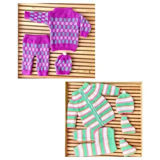 Full Sleeves Sweater with Pant, Cap & Booties, Pack of 2 (Multicolor, 0-6 Month)