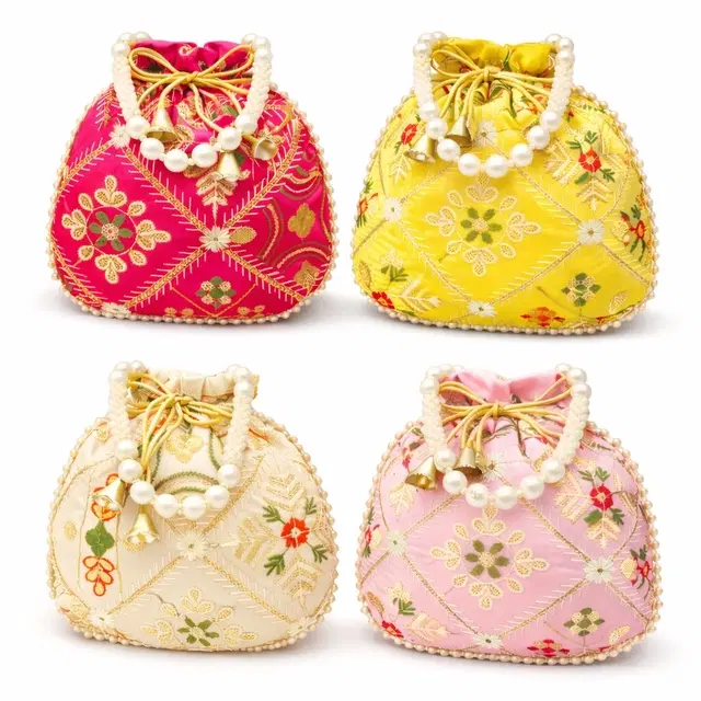 Handcrafted Embroidered Silk Potli Bag, Multicolour, Pack of 4