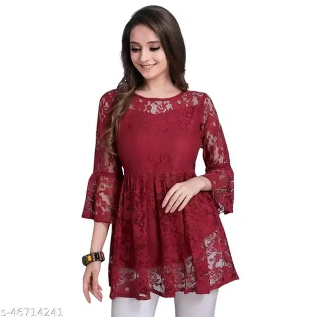 Three-Quarter Sleeves Top for Women (Maroon, S)