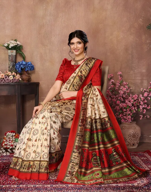 Assam Art Silk Saree for Women (Chiku, Free Size)