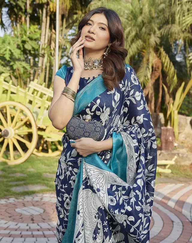 Printed Kalamkari Assam Art Silk Saree with Blouse for Women (Navy, Free Size)