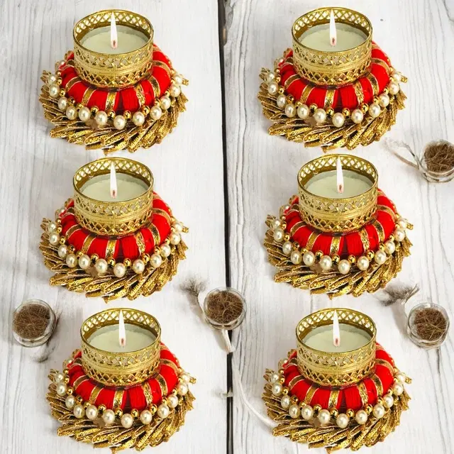Metal Designer Tealight Candle Holder, Red, 8.5x8.5x3.5 cm, Pack of 6