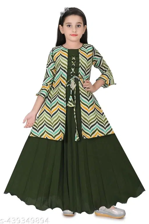 Polyester Ethnic Gown for Girls (Green, 3-4 Years)