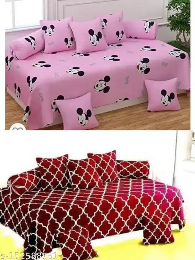 Polycotton Diwan Cover Set, Pink & Maroon, Combo of 2