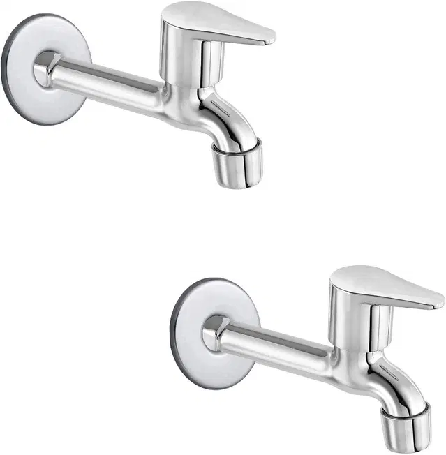 Stainless Steel Long Body Bib Cock Tap with Wall Flange, Silver, Set of 2