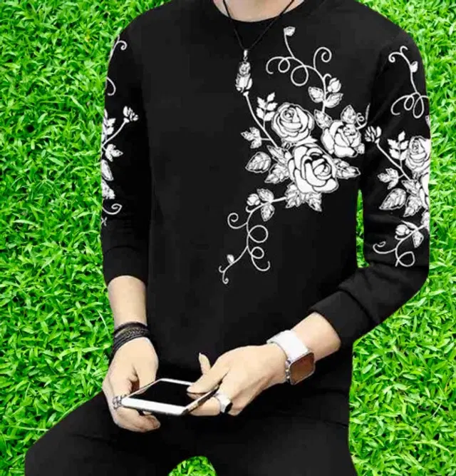 Full Sleeves Round Neck Printed T-Shirt for Men (Black, M)