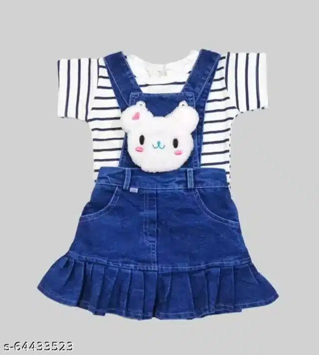 Dungaree with Top for Girls (White & Blue, 0-3 Months)