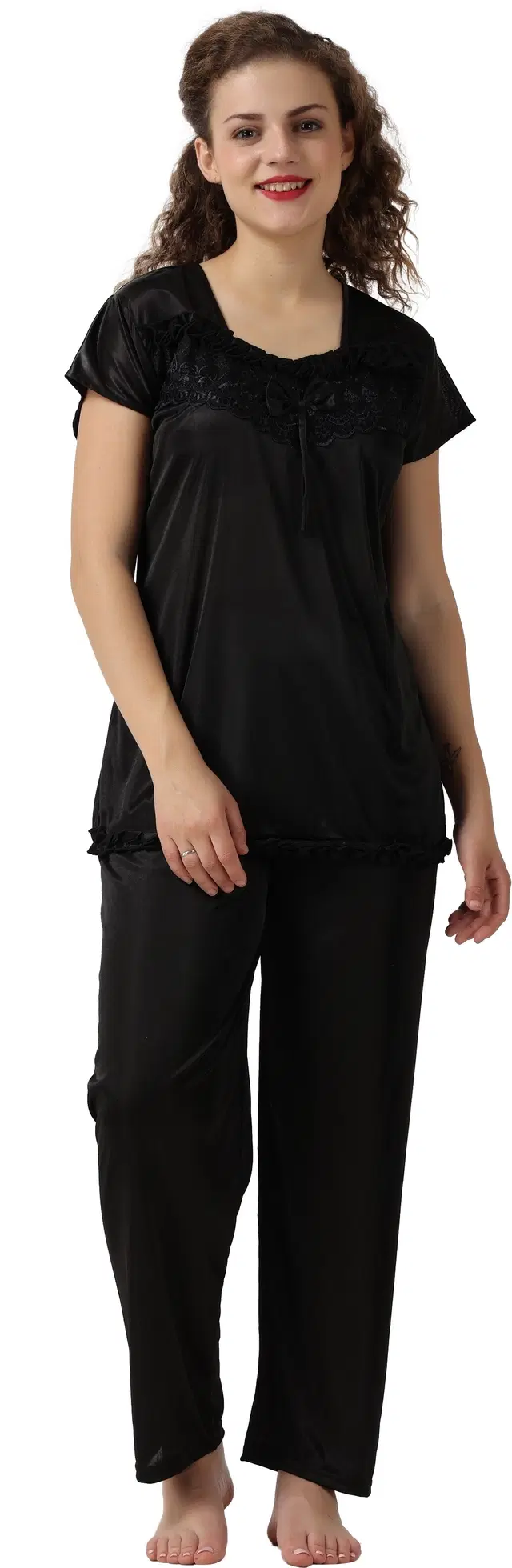 Satin Solid Nightsuit Set for Women (Black, Free Size)