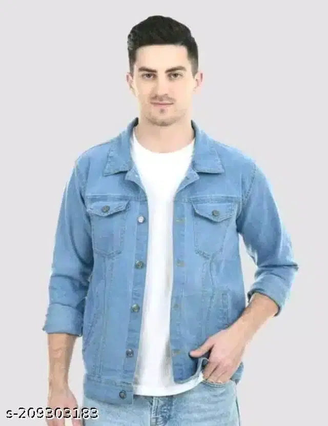 Denim Solid Full Sleeves Jacket for Men (Sky Blue, M)