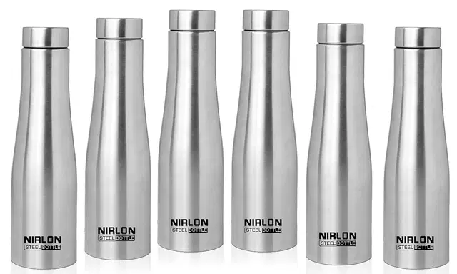 Nirlon Tallbell Stainless Steel Single Wall Water Bottle/Fridge Refrigerator Bottle/ 100% Leak Proof/Office Bottle/School Bottle, 1000 Ml, Set Of 6