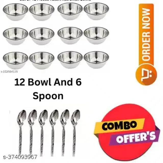 Stainless Steel 12 Pcs Bowls with 6 Pcs Spoon, Silver, Set of 2