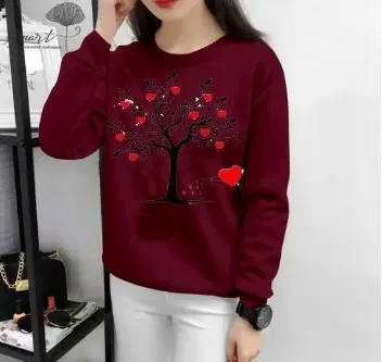Round Neck Printed Sweatshirt for Women (Maroon, S)