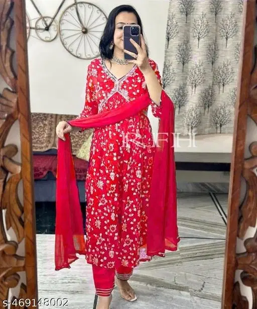 Rayon Aliya Cut Embroidered Kurti with Pant & Dupatta Set for Women, Red (L)