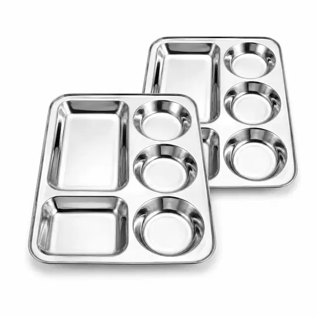 SimpleHome Steel 5 Partition Round Plate Combo Set of 2
