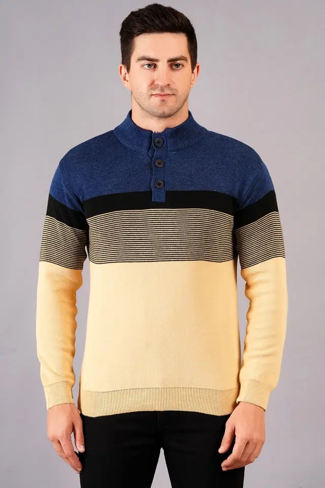 Full Sleeves Sweater For Men, Blue & Yellow (M)