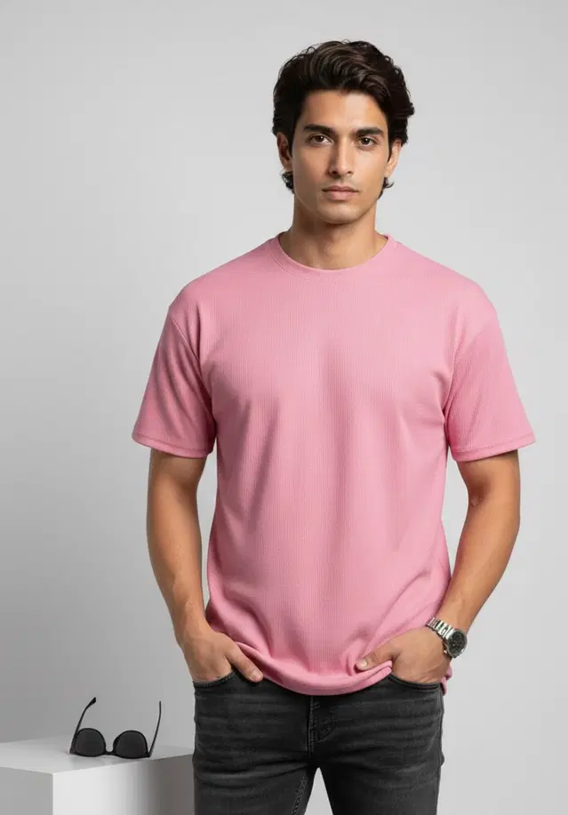 Polyester Round Neck T-shirt for Men, Pink (L)